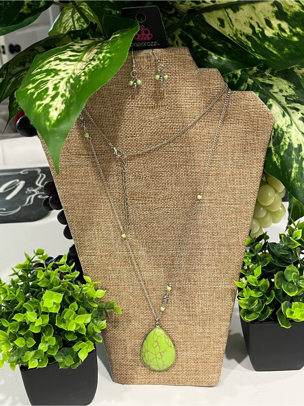 Paparazzi Long Lime Stone Teardrop Pendant Necklace & Earrings Set